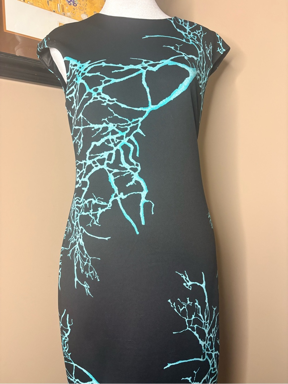 New York & Company Black Midi Sheath Dress with Turquoise Branch Print